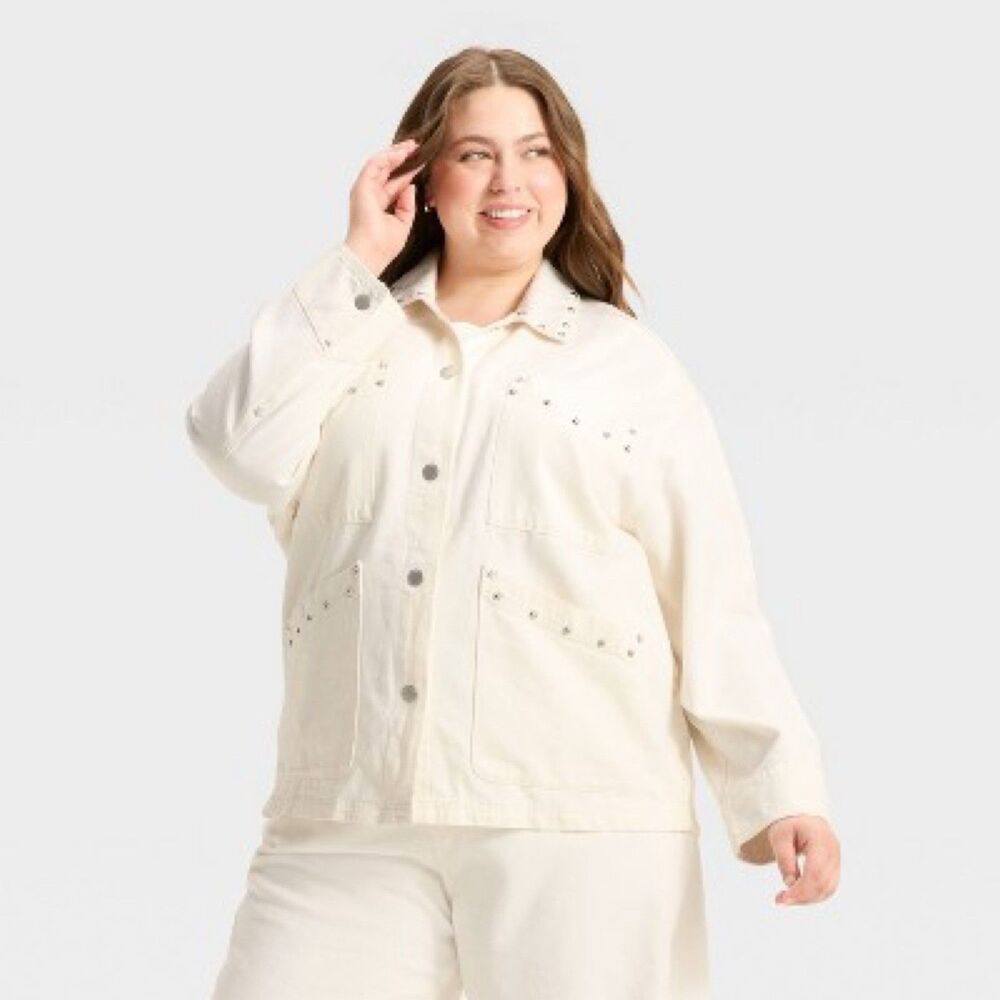 NWT Women's Studded Chore Denim Jacket - Universal Thread White Size L - Picture 15 of 17
